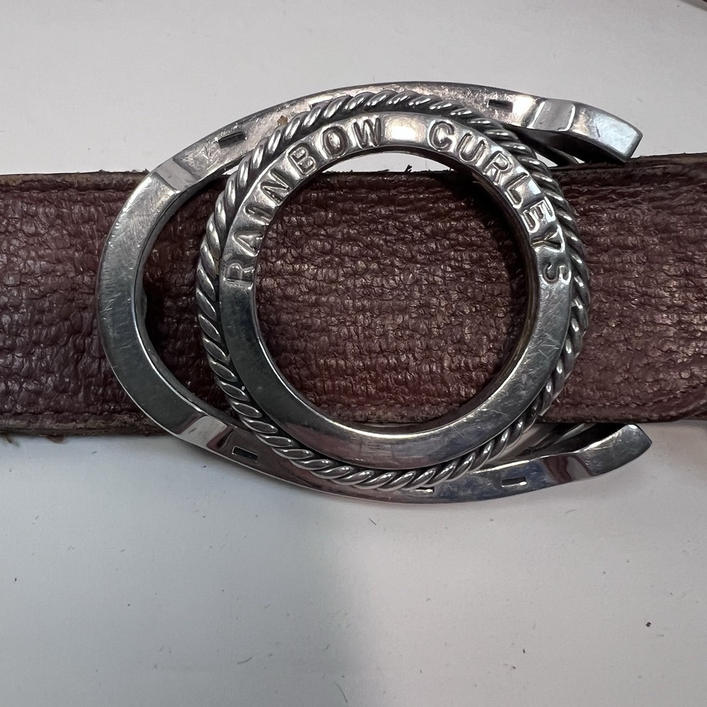 Rainbow Curleys Horseshoe Belt Buckle on Brazos Joe Champion Series Leather Belt